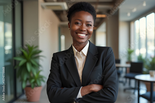 Smiling young black businesswoman in a suit posing in the office