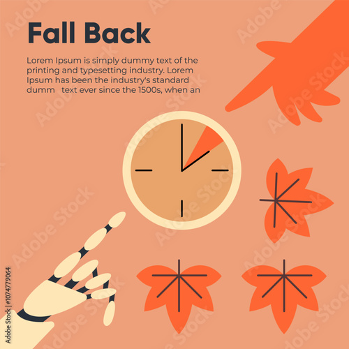 Fall Back. Daylight saving time ends banner with wall Robot and human clock and bright autumn foliage decoration. Set your clocks back one hour on November 3, 2024. Flat Vector illustration.