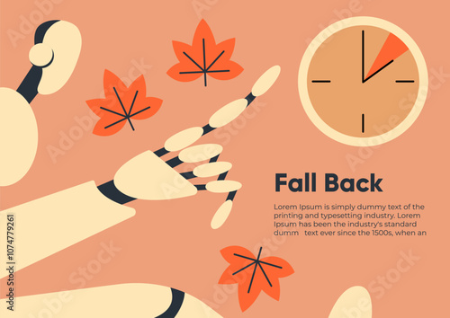 AI Fall Back. Daylight saving time ends banner with wall clock and bright autumn foliage decoration. Set your clocks back one hour on November 3, 2024. Flat Vector illustration.