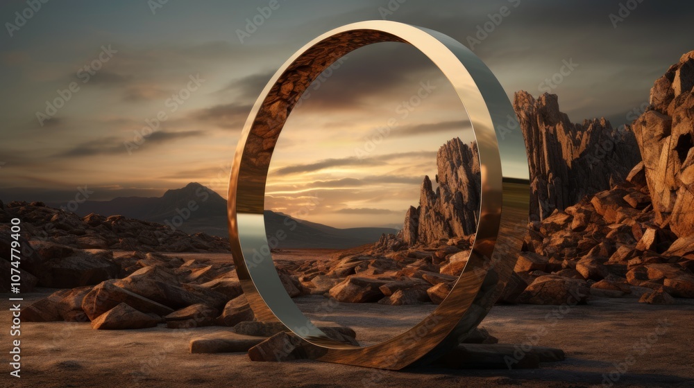 Fototapeta premium Golden Ring Sculpture in a Desert Landscape