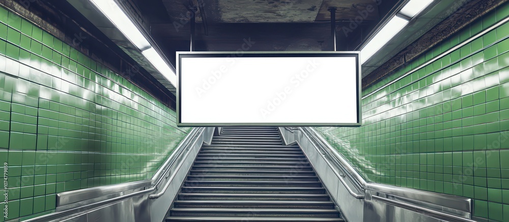 Obraz premium Subway wall with blank billboard, green tiles, stainless steel stairway.
