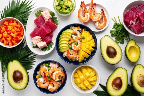 Wallpaper Mural Vibrant Hawaiian Poke Bowl with Fresh Tuna Salmon Shrimp Avocado and Mango on White Background Torontodigital.ca