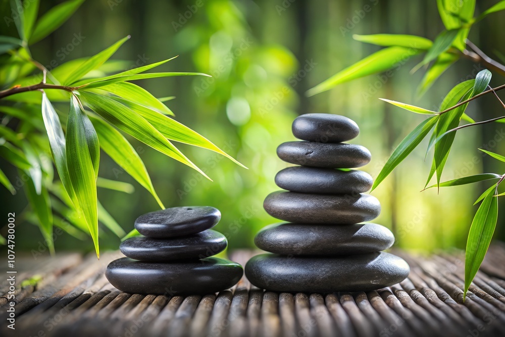 Obraz premium A soothing display of basalt stones stacked with bamboo leaves creates a tranquil setting for relaxation