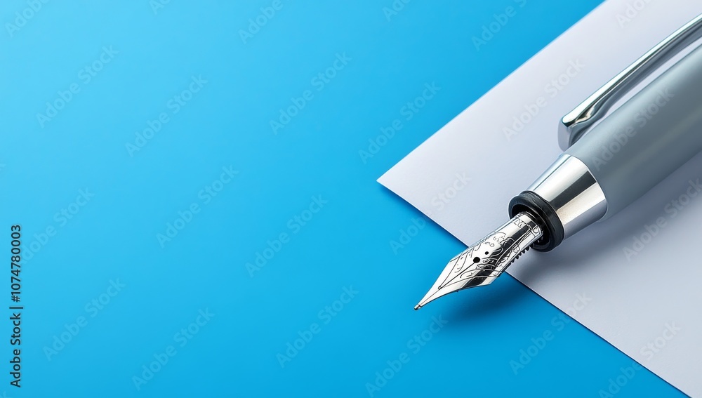 Five Steps to Pen Writing on a Blue Background with a Silver Fountain Pen Five Steps to Pen Writing on a Blue Background with a Silver Fountain Pen