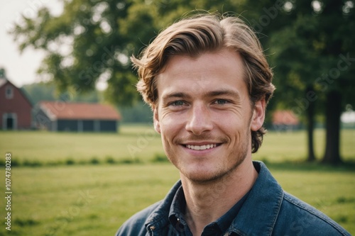 Close portrait of a smiling young Dutch male farmer standing and looking at the camera, outdoors Dutch rural blurred background