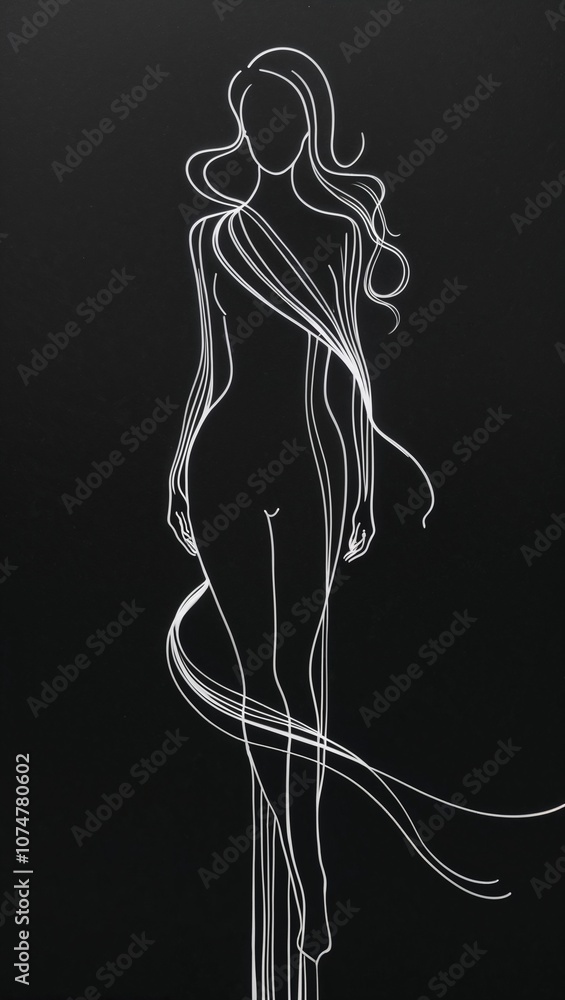 Sophisticated woman body silhouette with curves and lines creating an artistic representation of femininity line art black background Sophisticated woman body silhouette with curves and lines creating an artistic representation of femininity line art black background