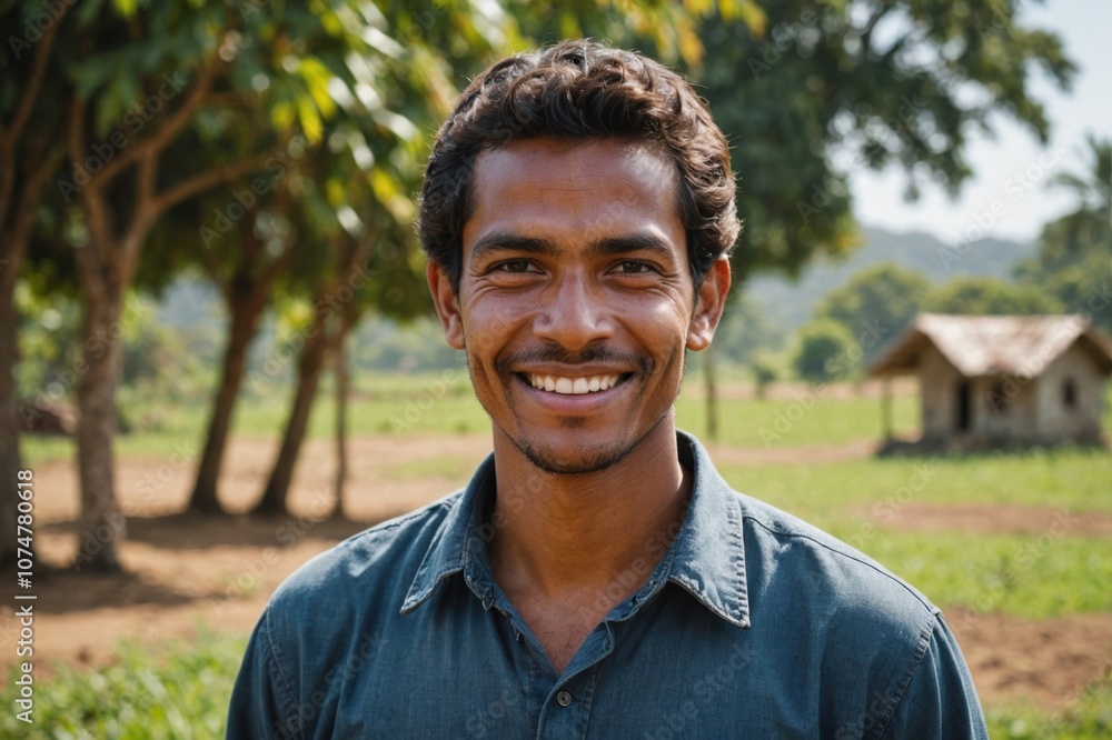 Close portrait of a smiling young East Timorese male farmer standing and looking at the camera, outdoors East Timorese rural blurred background Close portrait of a smiling young East Timorese male farmer standing and looking at the camera, outdoors East Timorese rural blurred background