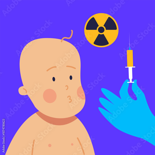 Nuclear medicine for babys. Radio and chemotherapy. Human Cancer Treatment Course. Flat vector illustration.