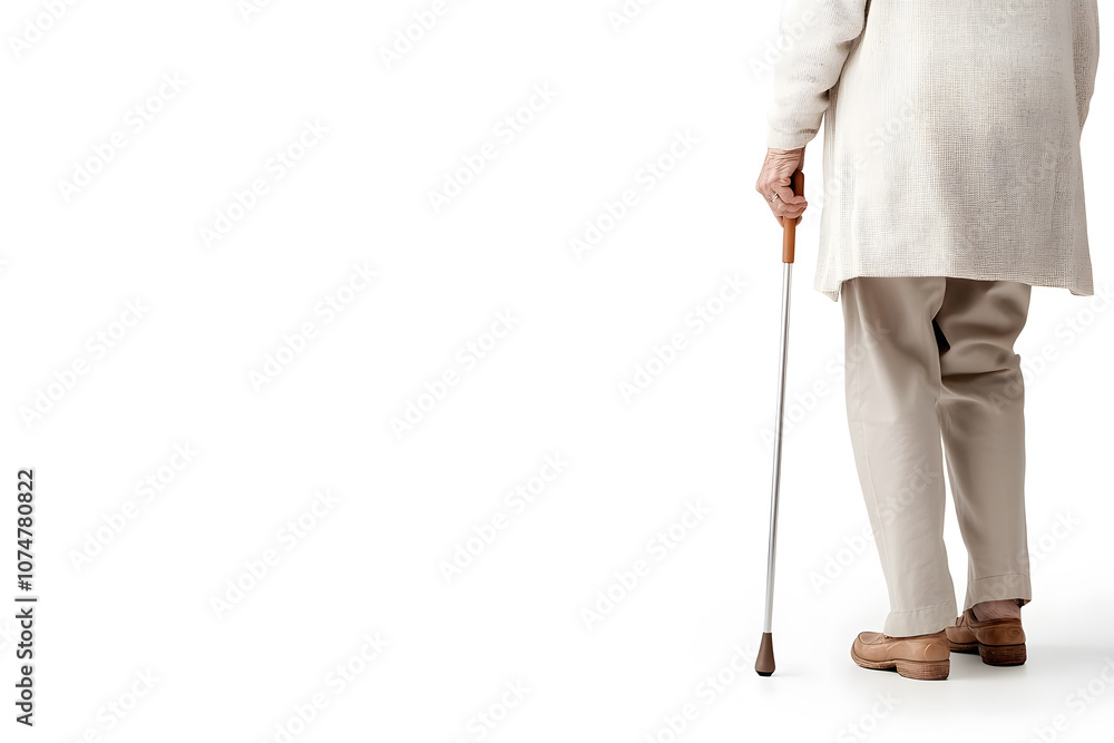 Close up of elderly man holding a walking stick, cane isolated on white background Close up of elderly man holding a walking stick, cane isolated on white background