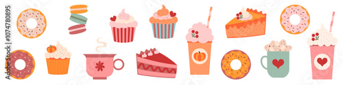 Pumpkin Spice Autumn Desserts and Drinks. A collection of pumpkin spice-themed desserts and drinks, including cupcakes, pie, donuts, and cozy mugs. Vector illustration