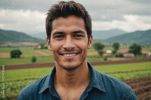 Close portrait of a smiling young Ecuadorean male farmer standing and looking at the camera, outdoors Ecuadorean rural blurred background