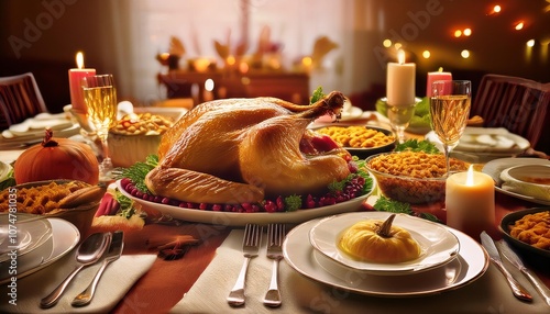 A beautifully set Thanksgiving table showcasing a golden roasted turkey, surrounded by seasonal decor, delicious sides, and warm holiday ambiance. photo