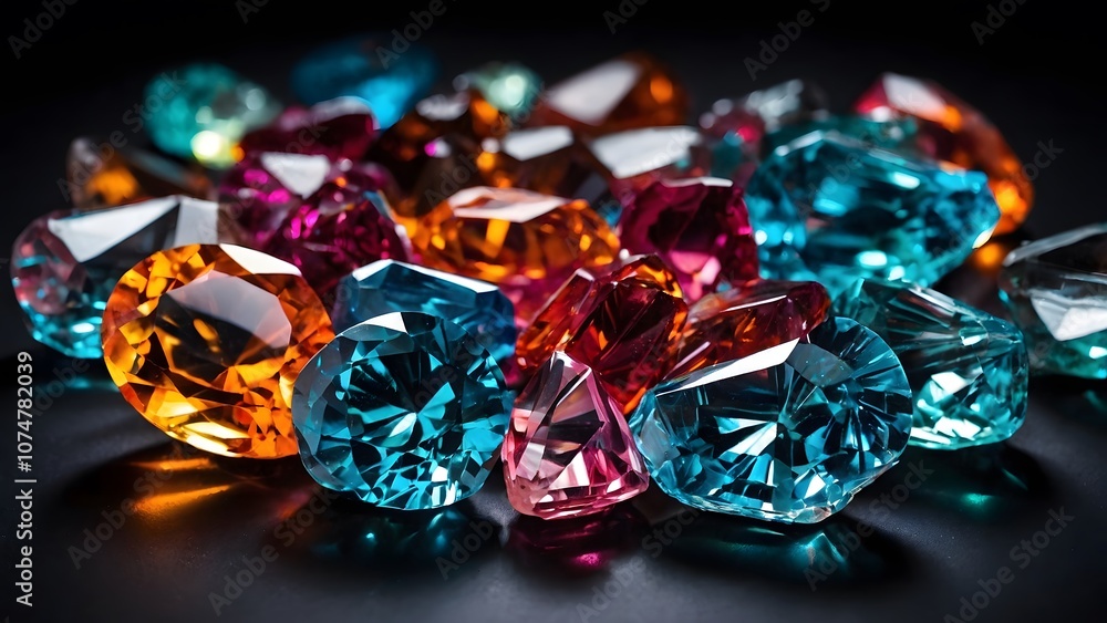 Fototapeta premium Colorful Gemstones Scattered on a Dark Surface at a Jewelry Display Showcasing Their Brilliance and Clarity