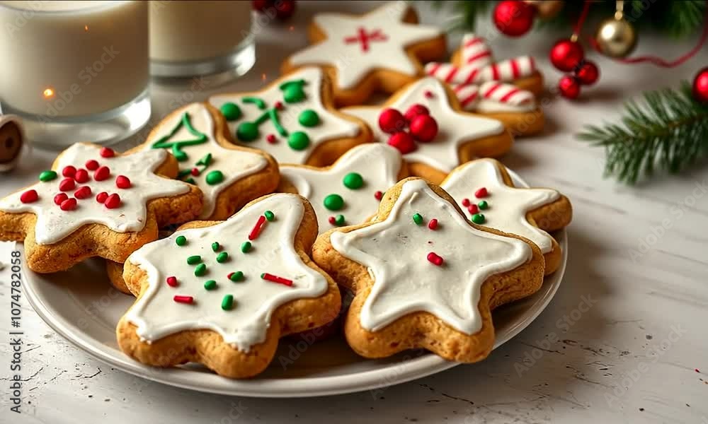 Christmas Gingerbread cookies in the shape of stars, decorated with icing and sprinkles on a festive table.
Christmas Gingerbread cookies in the shape of stars, decorated with icing and sprinkles on a festive table.