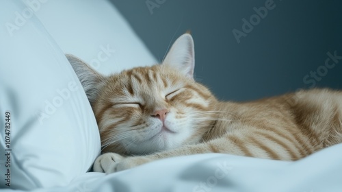 A peaceful orange tabby cat sleeping soundly on a soft pillow, with a serene expression in a cozy setting.