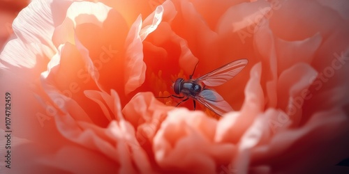 An overhead view of a hoverfly hovering near the center of a large, open poppy