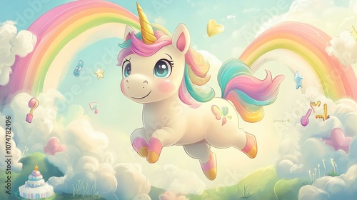 Cute cartoon unicorn in a magical rainbow cloudland scene photo