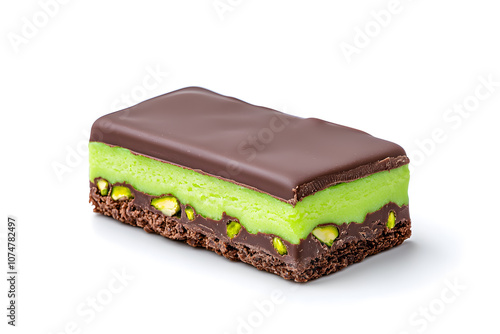 Dubai chocolate. Chocolate bar with green pistachio pasta and crunchy kadayif isolated on white background. photo