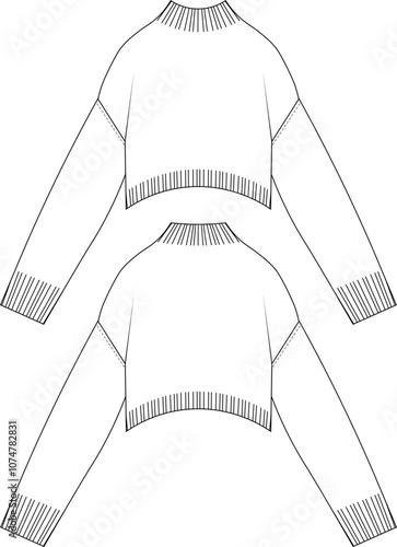 ribbed high neck turtleneck drop shoulder ribbed cuffs hem long sleeve slouchy loose sweater knitwear pullover template technical drawing flat sketch cad mockup fashion woman design style model 
