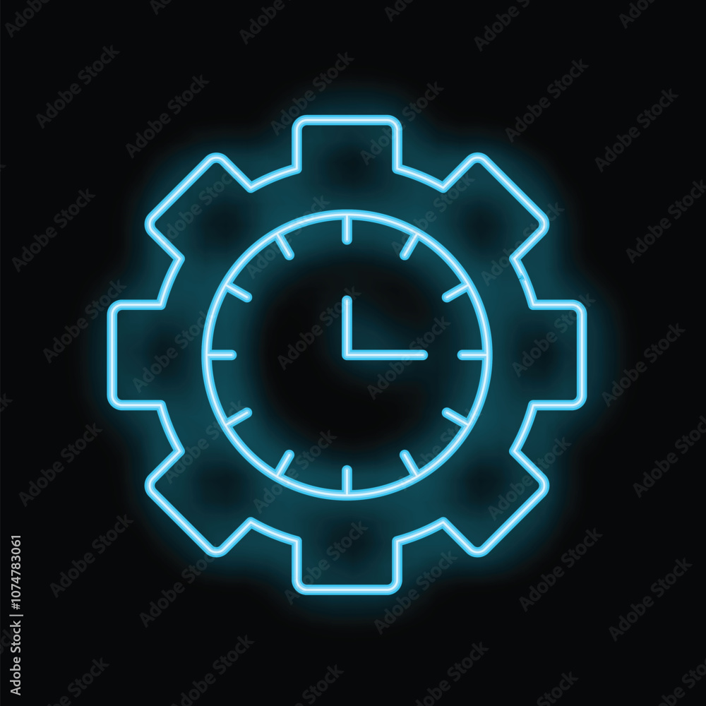 Neon blue clock face replacing center of gear shape representing concept of time management Neon blue clock face replacing center of gear shape representing concept of time management
