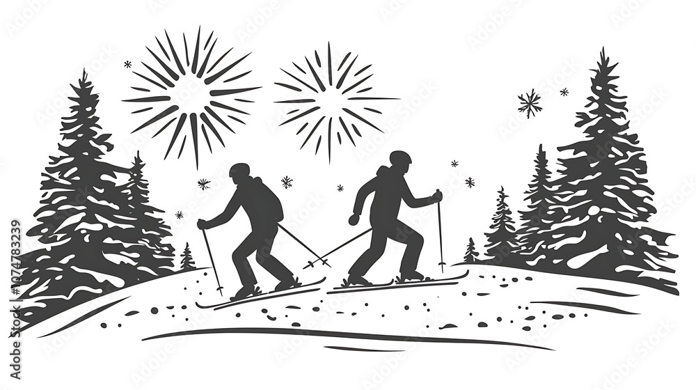 Winter Sports Adventure: Two Silhouetted Skiers Enjoying a Snowy Landscape Under a Starry Sky with Fireworks and Pine Trees in the Background Winter Sports Adventure: Two Silhouetted Skiers Enjoying a Snowy Landscape Under a Starry Sky with Fireworks and Pine Trees in the Background