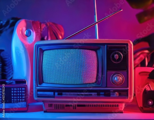 Colorful 80s-style design artwork in bright neon colors with pink accents, featuring an old TV and radio. Generated with AI