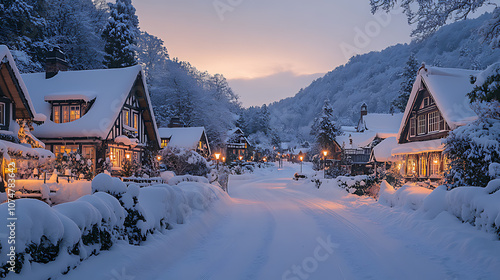 village in the mountains cozy wooden house in a snowy winter landscape with trees and mountains in the background photo