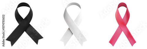 Three distinct ribbons in black, white, and pink, each representing different causes or awareness campaigns.