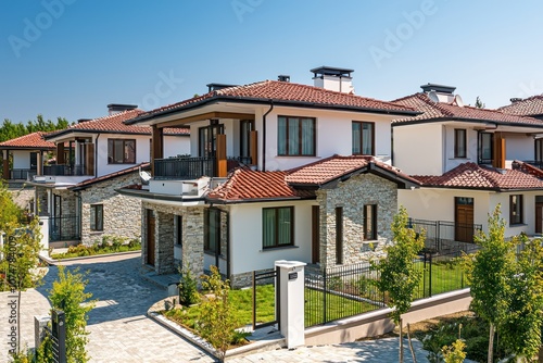 Bulgarian luxury townhouses with red roofs in a modern coastal village.