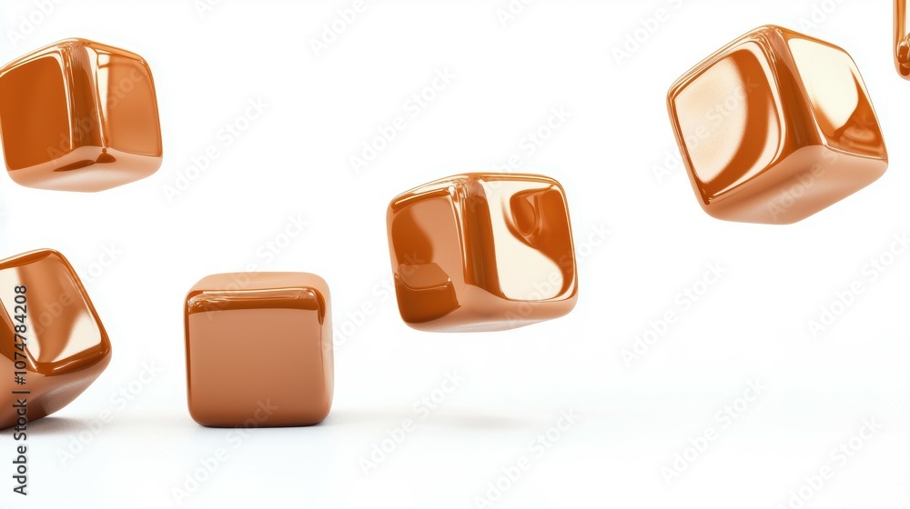 A minimalist arrangement of caramel cubes, evenly spaced and glossy, contemporary and photorealistic, isolated on white background A minimalist arrangement of caramel cubes, evenly spaced and glossy, contemporary and photorealistic, isolated on white background