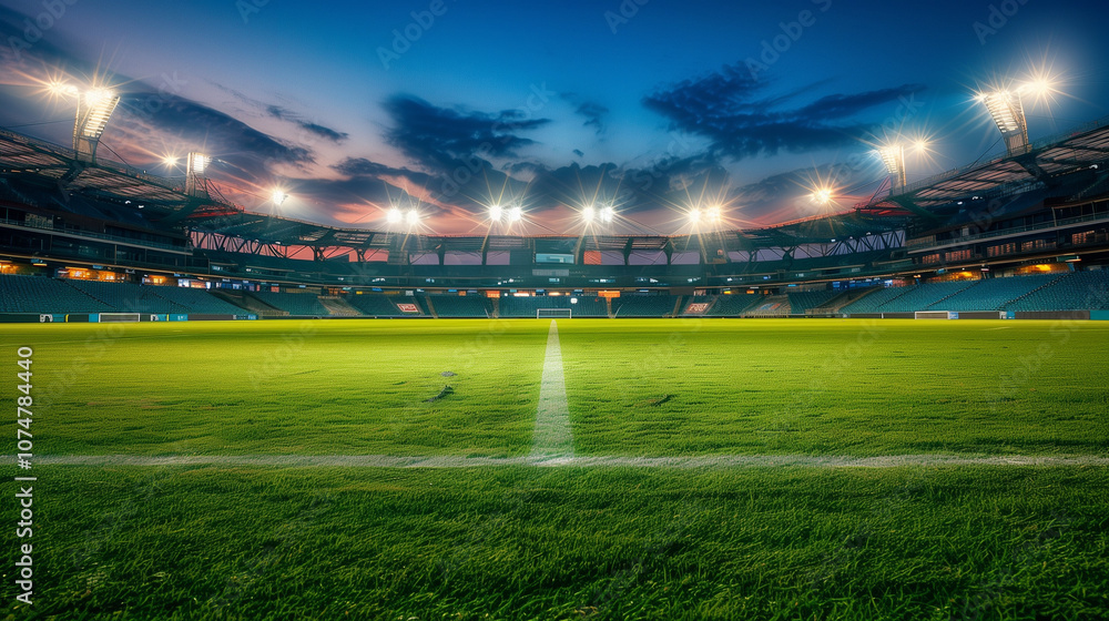 An empty stadium with a brightly lit football field under the night sky, evoking anticipation and the grandeur of professional sports events. An empty stadium with a brightly lit football field under the night sky, evoking anticipation and the grandeur of professional sports events.
