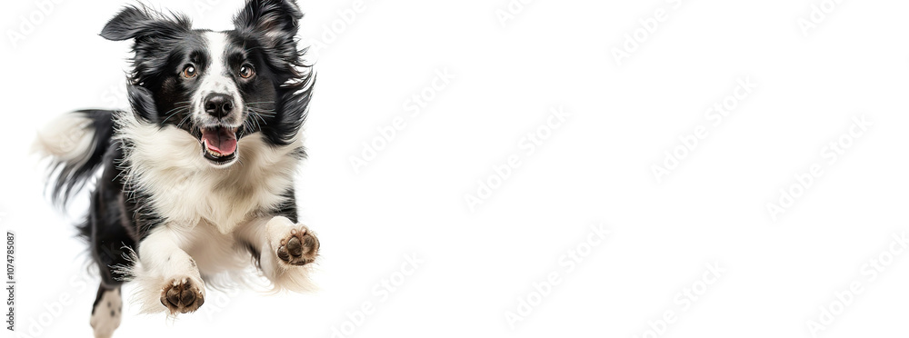Joyful border collie leaps in excitement for food against a clean white background. Header banner mockup with copy space. Joyful border collie leaps in excitement for food against a clean white background. Header banner mockup with copy space.