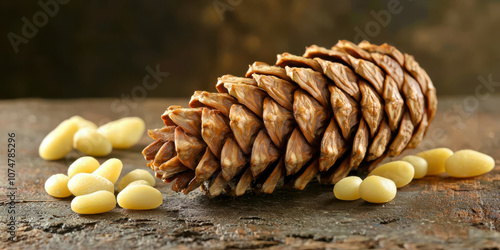 A pine cone is on a wooden surface with some nuts photo