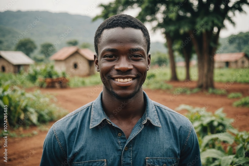 Close portrait of a smiling young Ghanaian male farmer standing and looking at the camera, outdoors Ghanaian rural blurred background Close portrait of a smiling young Ghanaian male farmer standing and looking at the camera, outdoors Ghanaian rural blurred background
