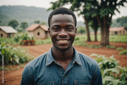 Close portrait of a smiling young Ghanaian male farmer standing and looking at the camera, outdoors Ghanaian rural blurred background