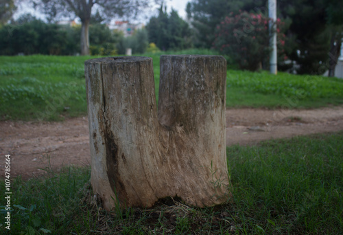 An old dry sawn stump stands in the green grass.