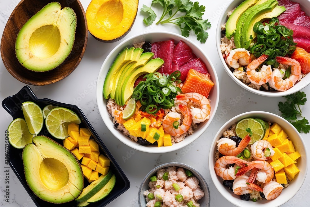 Vibrant Hawaiian Poke Bowl Featuring Fresh Tuna Salmon Shrimp Avocado and Mango on White Background Vibrant Hawaiian Poke Bowl Featuring Fresh Tuna Salmon Shrimp Avocado and Mango on White Background