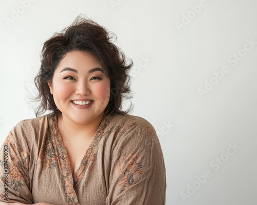 Asian plussize woman with short bob haircut, stylish dress, looking confidently, plain white background, modern style