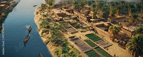 Overhead View of Ancient Egyptian Canals and Farmland with Riverboats Along the Nile River, Depicting Historical Irrigation and Agriculture in a Desert Oasis Landscape