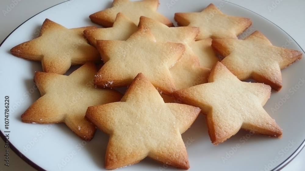 A plate of star-shaped cookies, freshly baked and golden-brown, ready for enjoyment. A plate of star-shaped cookies, freshly baked and golden-brown, ready for enjoyment.
