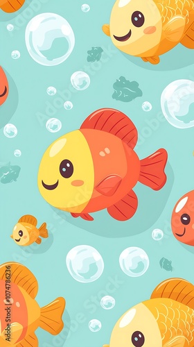 Charming and Colorful Cartoon Fish Swimming Among Bubbles in a Light Aquatic Background Perfect for Children's Designs and Fun Illustrations