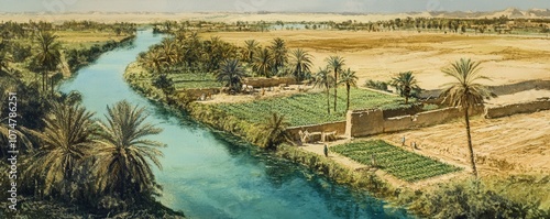 Overhead View of Ancient Egyptian Canals and Farmland with Riverboats Along the Nile River, Depicting Historical Irrigation and Agriculture in a Desert Oasis Landscape
