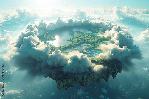 Aerial view of a lush green island surrounded by clouds on a flat earth depiction photo