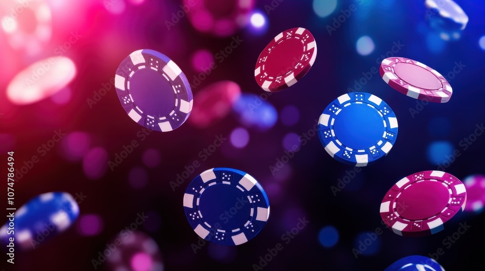 A vibrant scene of falling casino poker chips in blue and purple against a blurred, colorful bokeh background, capturing the thrill and energy of gaming and entertainment.