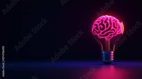 A vibrant visual of a glowing light bulb with a translucent brain inside, illuminated in pink and purple hues against a moody black background, symbolizes creativity and intellect.