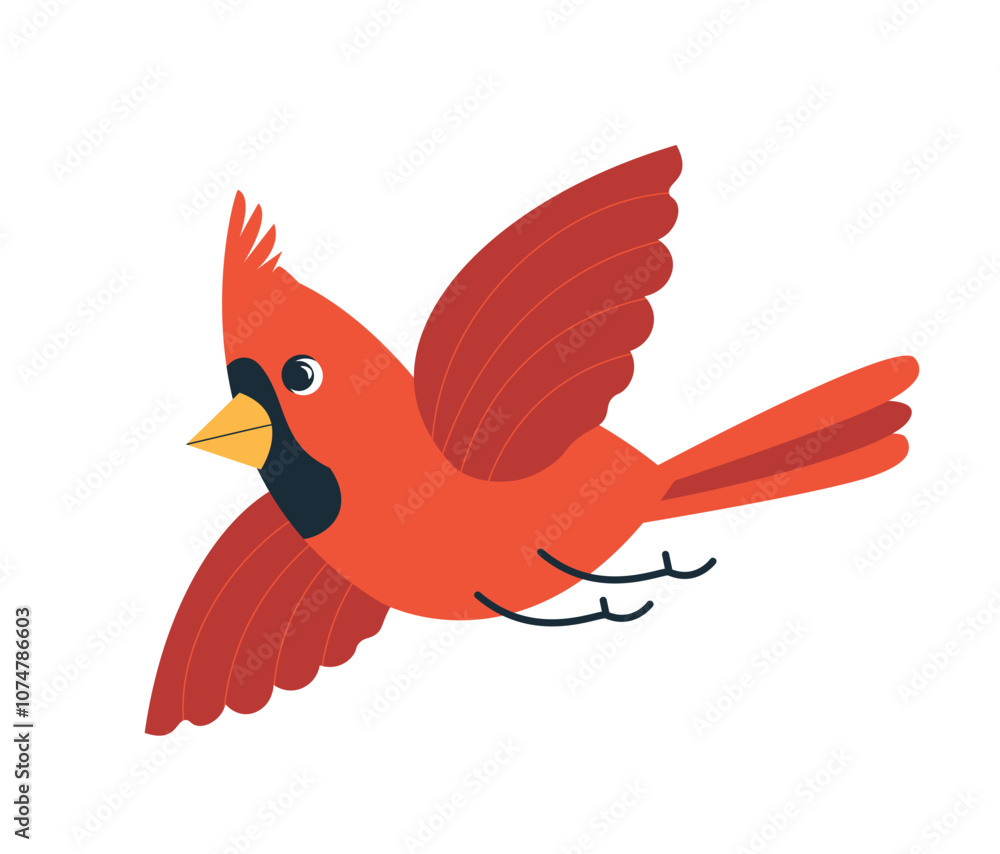 Red cardinal bird flat vector illustration isolated on white background. Cartoon comic northern cardinal bird flying, flaps its wings. Bird Watching and birdfeeding minimal design, winter birds. Red cardinal bird flat vector illustration isolated on white background. Cartoon comic northern cardinal bird flying, flaps its wings. Bird Watching and birdfeeding minimal design, winter birds.