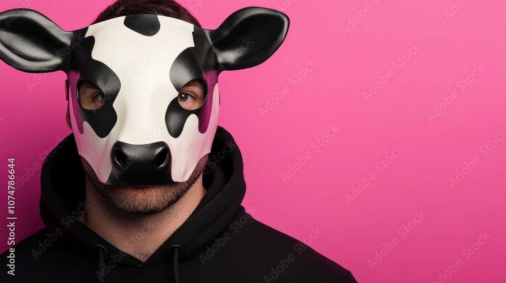 A whimsical image of a person in a black and white cow mask against a vibrant pink background, dressed in a casual black hoodie, perfect for playful themes and promotions. A whimsical image of a person in a black and white cow mask against a vibrant pink background, dressed in a casual black hoodie, perfect for playful themes and promotions.