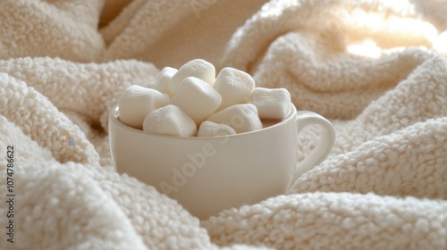 Marshmallows and hot cocoa in a white cup on a cozy blanket background