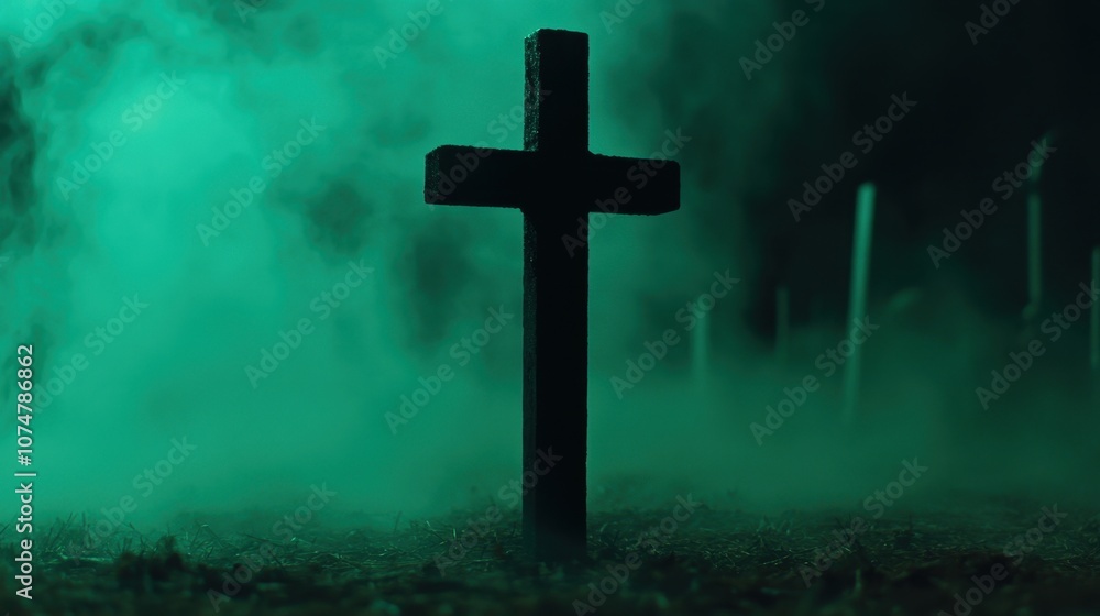 Eerie Silhouette of a Cross Emerging from Fog in a Mysterious Graveyard at Night, Creating a Haunting and Atmospheric Scene Eerie Silhouette of a Cross Emerging from Fog in a Mysterious Graveyard at Night, Creating a Haunting and Atmospheric Scene