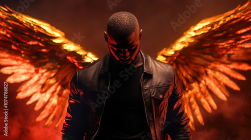 Artistic portrayal of a fallen angel wearing a black leather jacket with radiant golden wings, set against a dramatic backdrop of fiery colors and atmospheric haze. photo